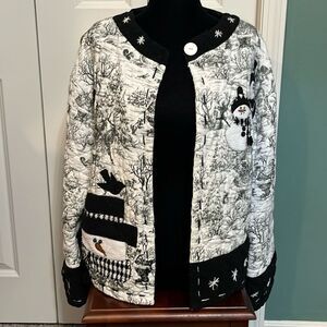 Vintage Cottagecore Winter Scene Quilted Appliqué Grandma Cardigan Puffy Jacket